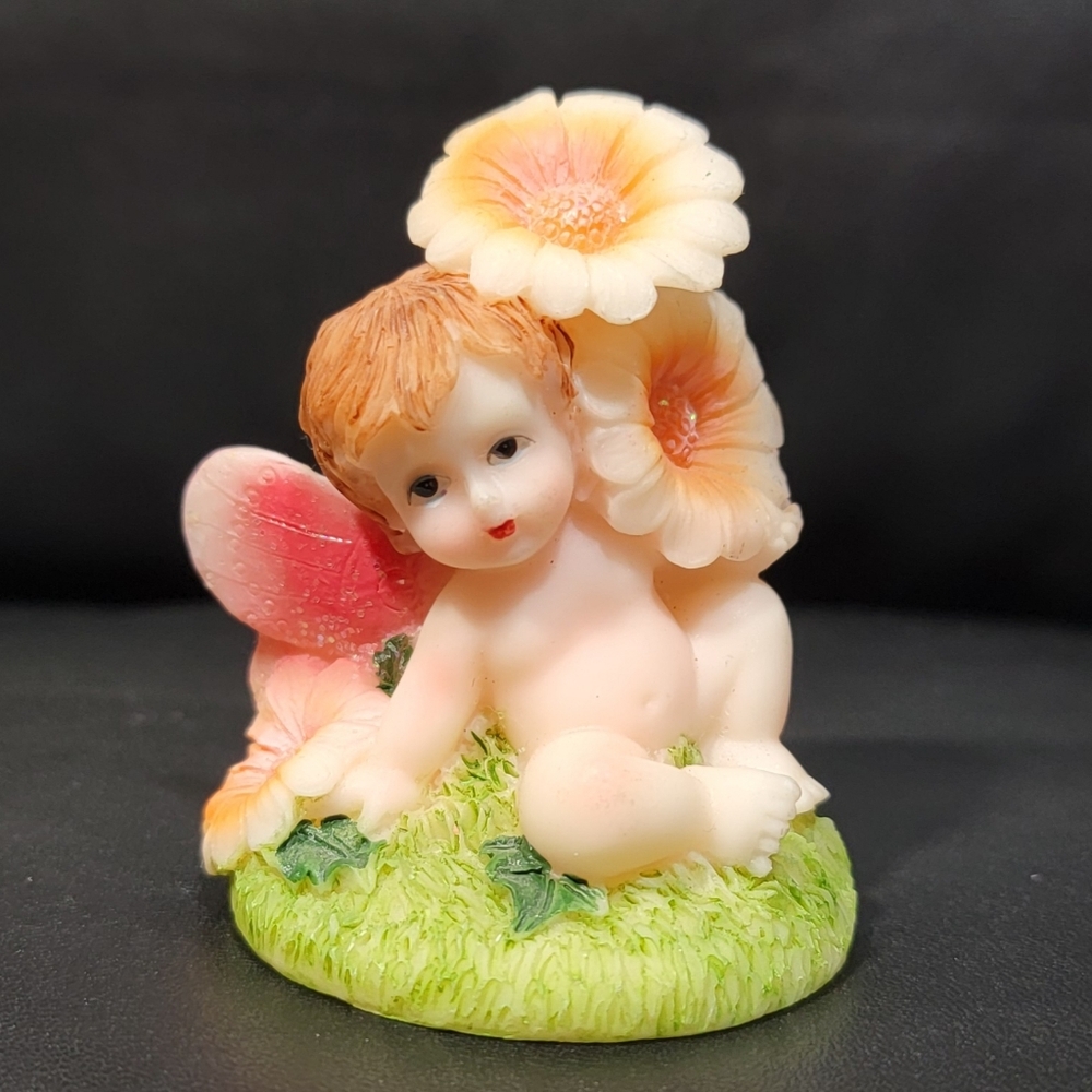 Vintage Hand Painted Resin Angel Cherubic Figurine with Pink Wings and Flowers